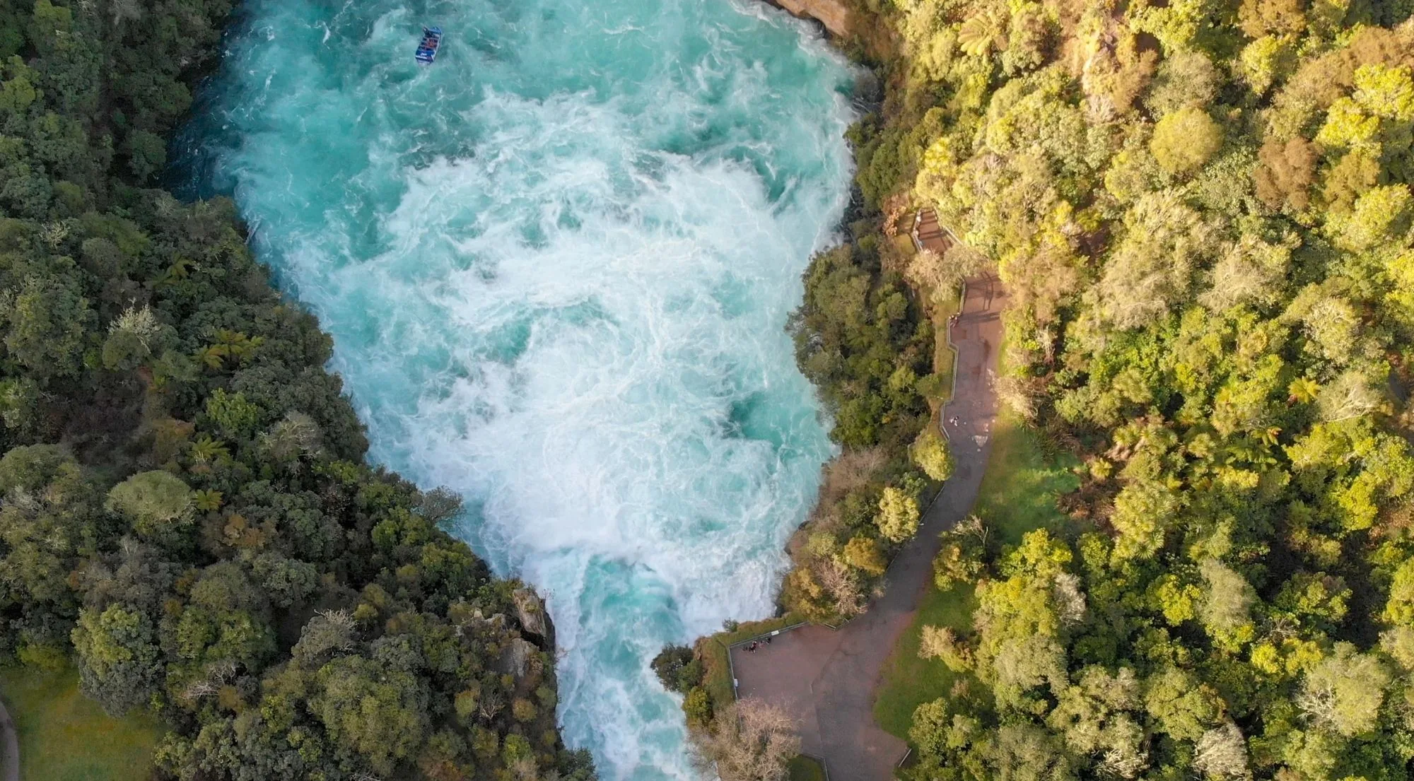 Aerial view of Huka Falls surrounded by native bush